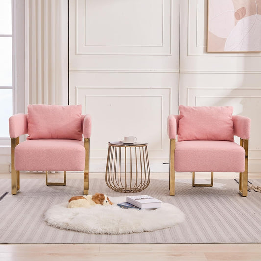 Teddy Velvet Sofa with Square Legs and Gold Feet Suitable for Decorative Chair in Living Room Reading Chair Medieval Modern Sofa Chair with Pillows（Pink Teddy Velvet 2PC）