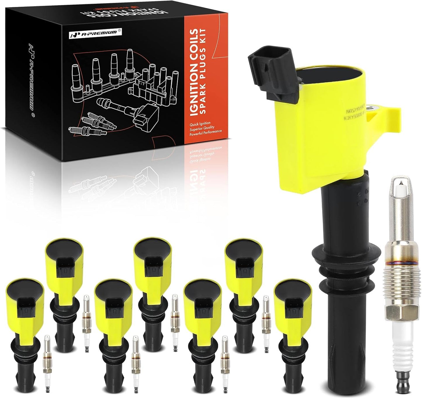 A-Premium (Red) Set of 16 Ignition Coil Pack and Iridium Spark Plugs Compatible with Ford F-150 2004-2008, Expedition 2005-2008, F-250 Super Duty & Lincoln Mark LT, Navigator V8 5.4L, Replace# FD508
