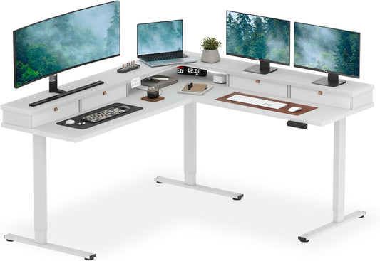 SANODESK 71" L Shaped Standing Desk with 4 Drawers, Height Adjustable Stand up Desk, Corner Gaming Desk with Monitor Stand, White Frame/White Top