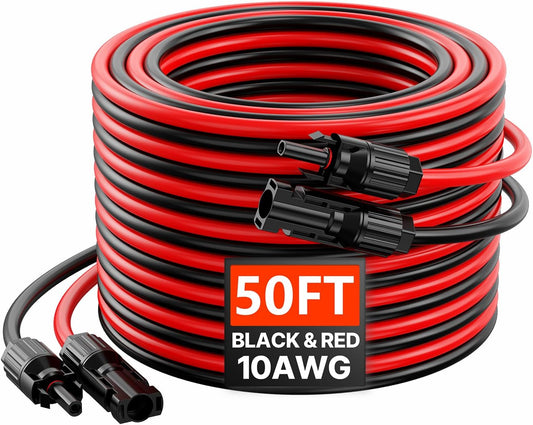VEVOR 50FT Solar Panel Extension Cable, 10AWG Solar Extension Cable Wire with Female & Male Waterproof Connectors, 6mm² PV Cable for Home, Ship and RV Solar Panels, 50FT Black + 50FT Red (Set of 2)