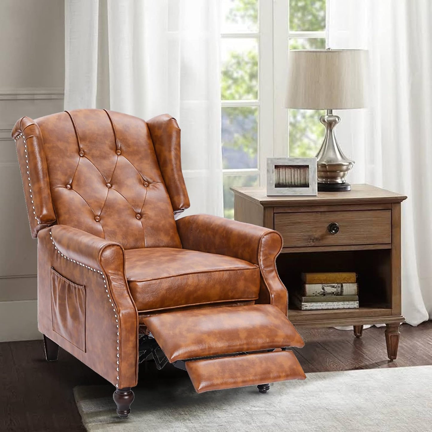 Wingback Recliner Chair, Push Back Arm Chair with Heat and Massage, PU Leather Single Sofa for Home, Living Room, Office, Bedroom(Cognac Brown,Set of 2)