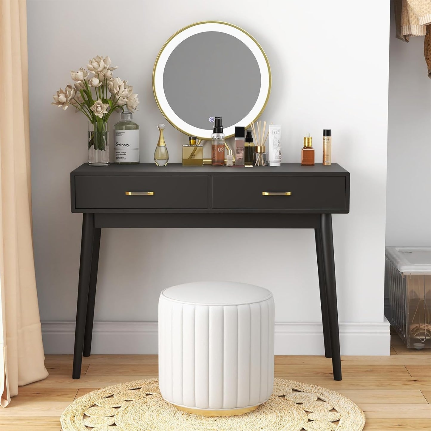 White Small Desk with Drawers - 40 Inch White Home Office Study Writing Desk for Bedroom, Vanity Desk with 4 Solid Legs, Modern Computer Desk for Small Spaces