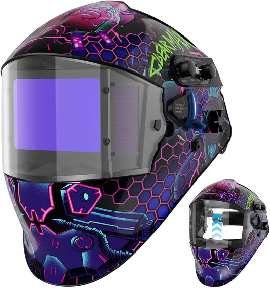 ARCCAPTAIN Flip Up Design Welding Helmet, Large Viewing 3.94" x 2.56" Auto Darkening Welding Hood, Ture Color Solar Powered Welding Mask, 4 Arc Sensor with Adjustable Shade 3/4-8/9-13, Cyberpunk