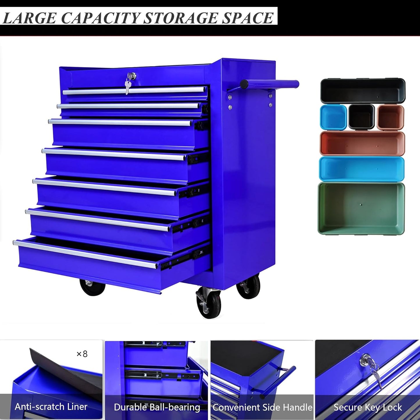 7 Drawer Tool Chest with Wheels,Metal Locking Rolling Tool Box with Tool Organizer Trays for Tool Storage Organizer,Portable Standing Mechanic Toolbox for Garage,30 in Tall Tool Cabinet Blue