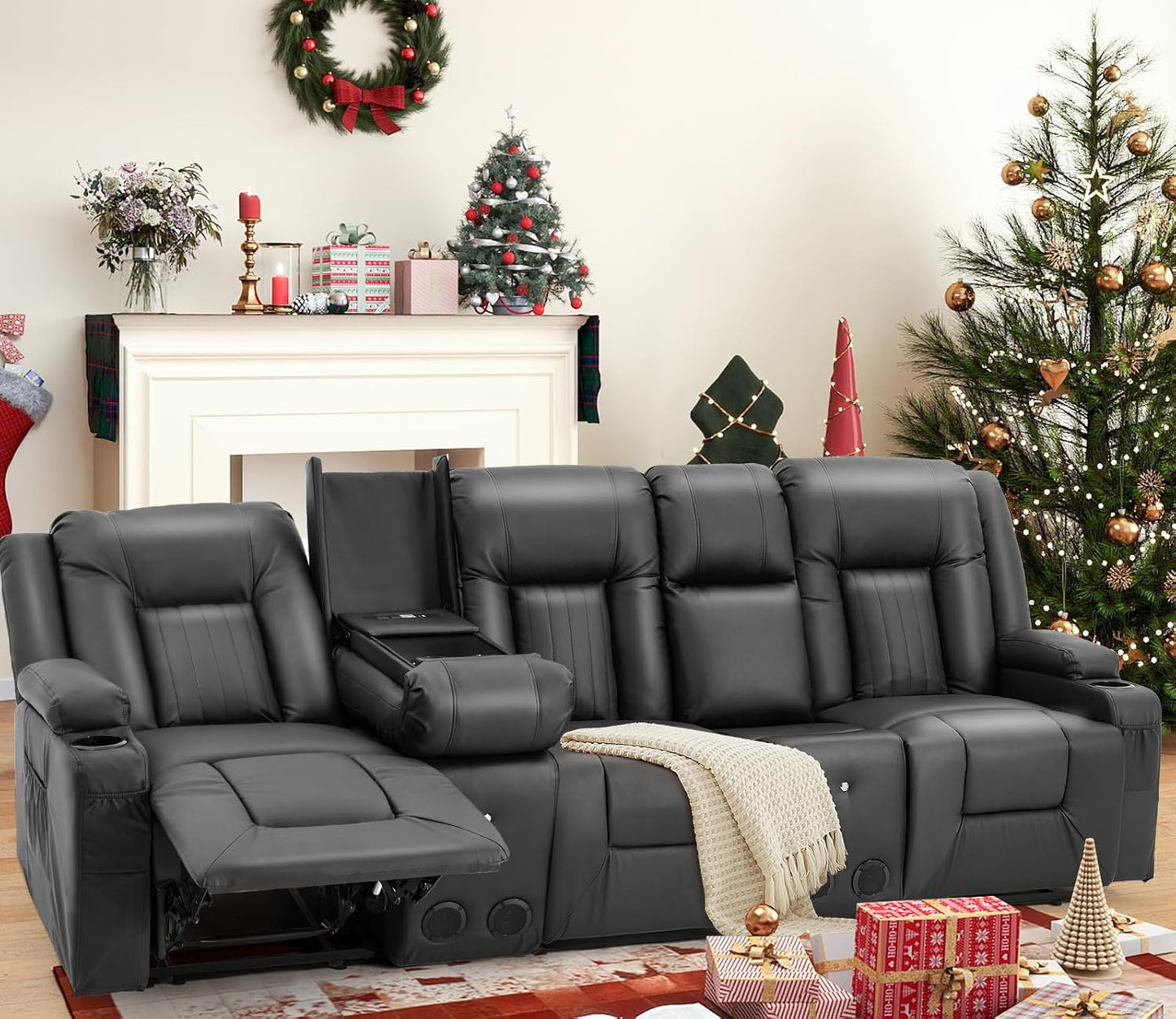 YODOLLA Massage Manual Recliner Chair with Heat, Leather Rocking Swivel Chair Lazy Boy Recliner Chair w/ 2 Side Pockages, 2 Cup Holders for Living Room, RV, Cream White