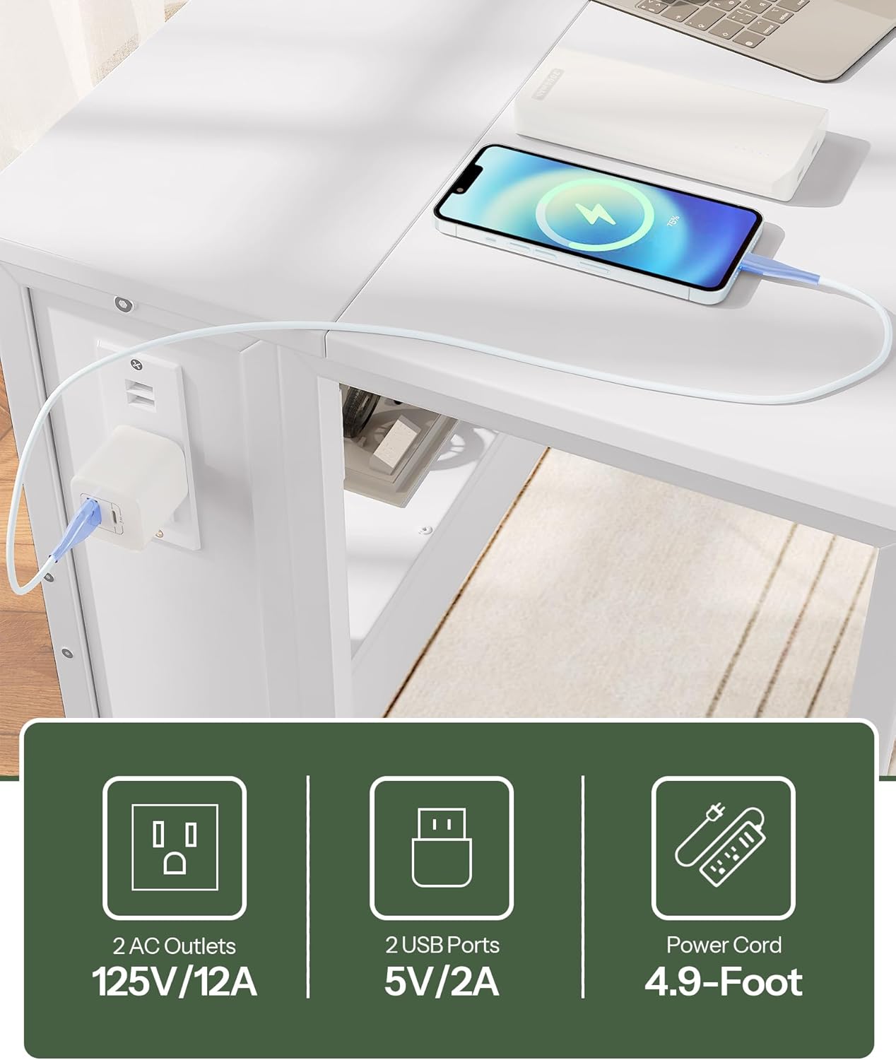 31.5" Modern White Folding Computer Desk with Power Outlets, Wheels, Storage, Perfect for Small Spaces White TDN01UWB