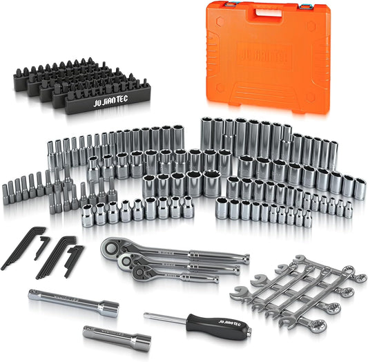 201-Piece Mechanics Tools Set, SAE & Metric Impact Socket Set, 1/2'', 1/4'', 3/8'' Drive, with Ratchet Wrench & Extension, Premium CRV Alloy Steel, with Molded Case