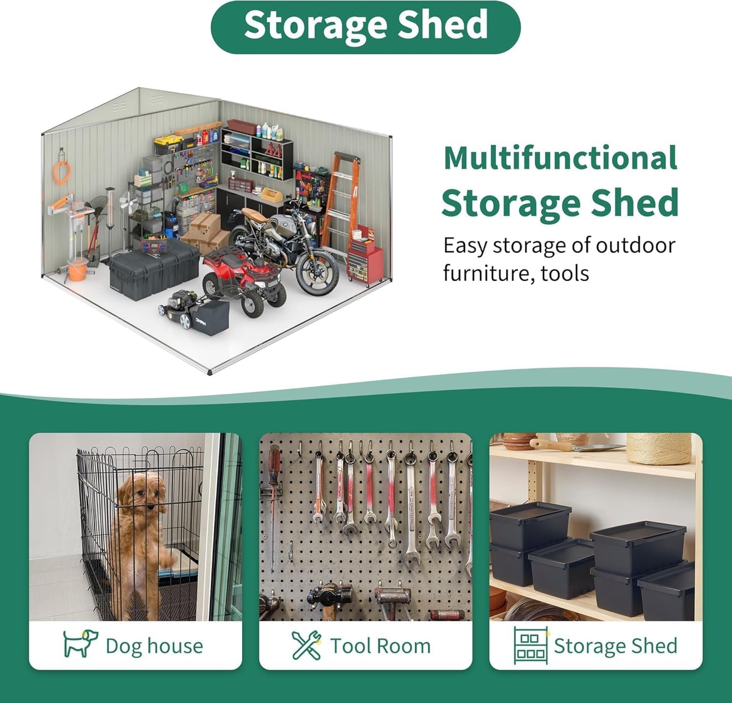 12x14 FT Outdoor Storage Shed, Garden Shed with Updated Frame Structure and Lockable Doors, Metal Tool Sheds for Backyard Garden Patio Lawn, White