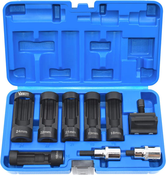 9pcs Strut Nut Socket 16mm 18mm 19mm 21mm 22mm 24mm with 12 Point 1/2" Drive, Suspension Strut Spreader Socket Tool Kit Shock Absorber Tool Suspension Strut Split Hub/Knuckle Spreader Tool