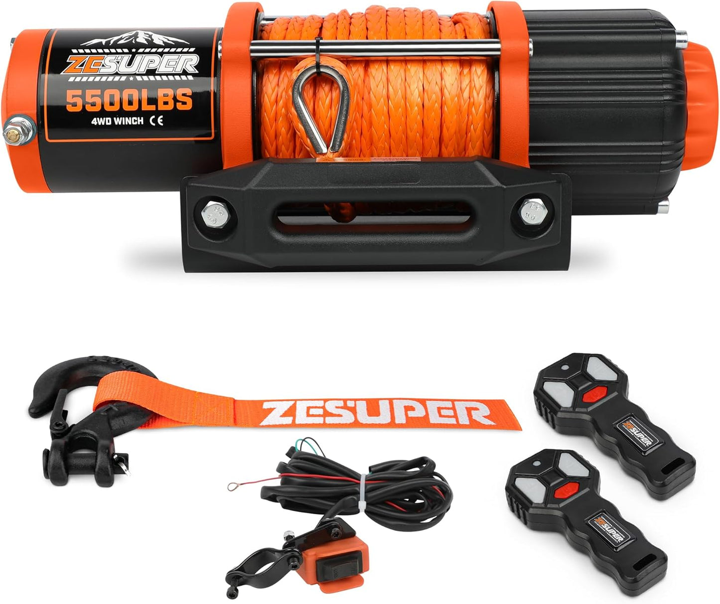 ZESUPER 2500 lb 12V DC Electric Winch 30 ft Synthetic Rope Off Road Waterproof UTV ATV Boat Winch Kits with Wireless Remote,Handheld Switch