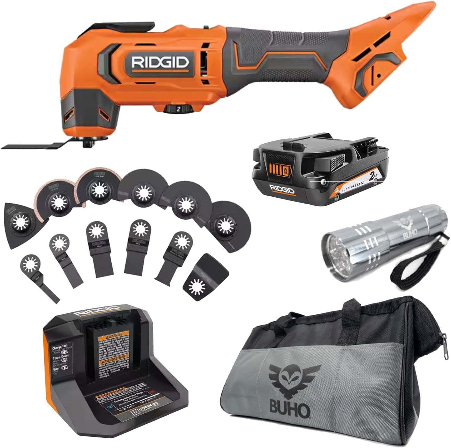 Buho Ridgid 18V Cordless Oscillating Multi-Tool Bundle with 2.0 Ah Battery, Charger, 14-Piece Blade Accessory Kit, Tool Bag & Flashlight