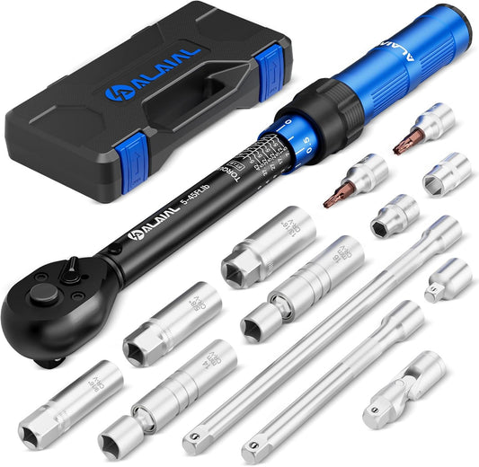 3/8 Inch Drive Magnetic Spark Plug Socket Set with Click Torque Wrench 5-45FT.LB/6.8-61Nm, 14PCS Swivel Spark Plug Socket, Universal Joint, Extension Bar, CR-V Steel for Easy Spark Plug Removal