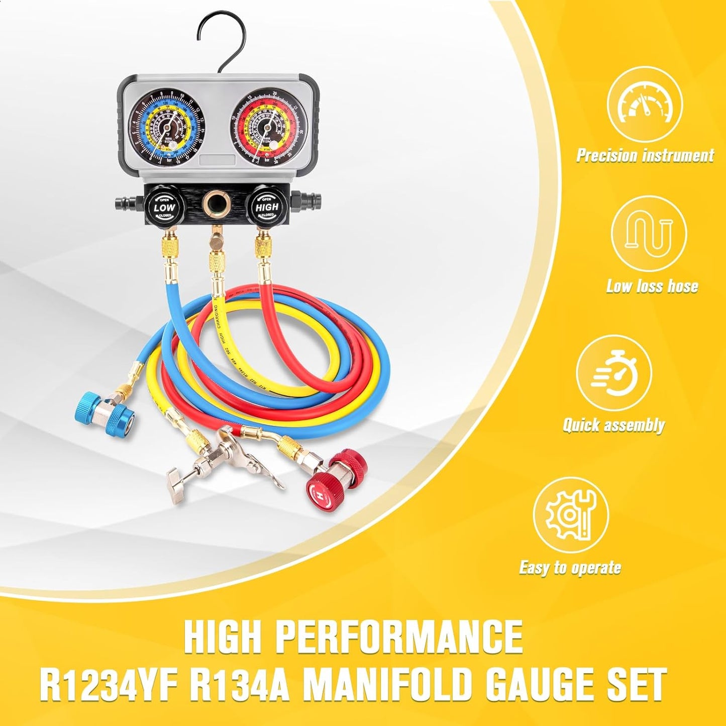 CMOOD AC Gauge Set R1234yf R134a Manifold Gauge Set for R1234yf R134a R404a Refrigerants, Automotive AC Manifold Gauge Set with Hoses Quick Couplers for Car Freon Charging & Evacuation