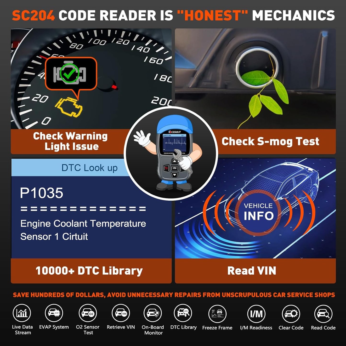 CGSULIT Scan Tool SC204 OBD2 Scanner, Check Engine Light Code Reader with Reset, One-Click I/M, Clear Error Code, DTC Lookup & More, Car Diagnostic Tool for All OBDII/EOBD Vehicles After 1996, Grey