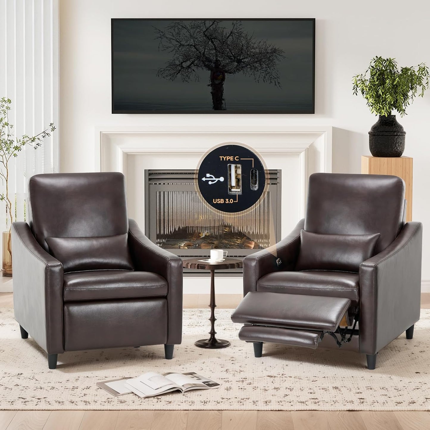 COLAMY Pushback Electric Recliner Chair, Premium Leather Upholstery with Adjustable Angles, Extra Lumbar Pillow, Built-in Charging Port, Business-Casual Style for Living Room,Grey