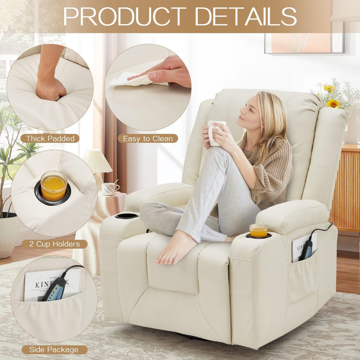 YODOLLA Massage Manual Recliner Chair with Heat, Leather Rocking Swivel Chair Lazy Boy Recliner Chair w/ 2 Side Pockages, 2 Cup Holders for Living Room, RV, Cream White