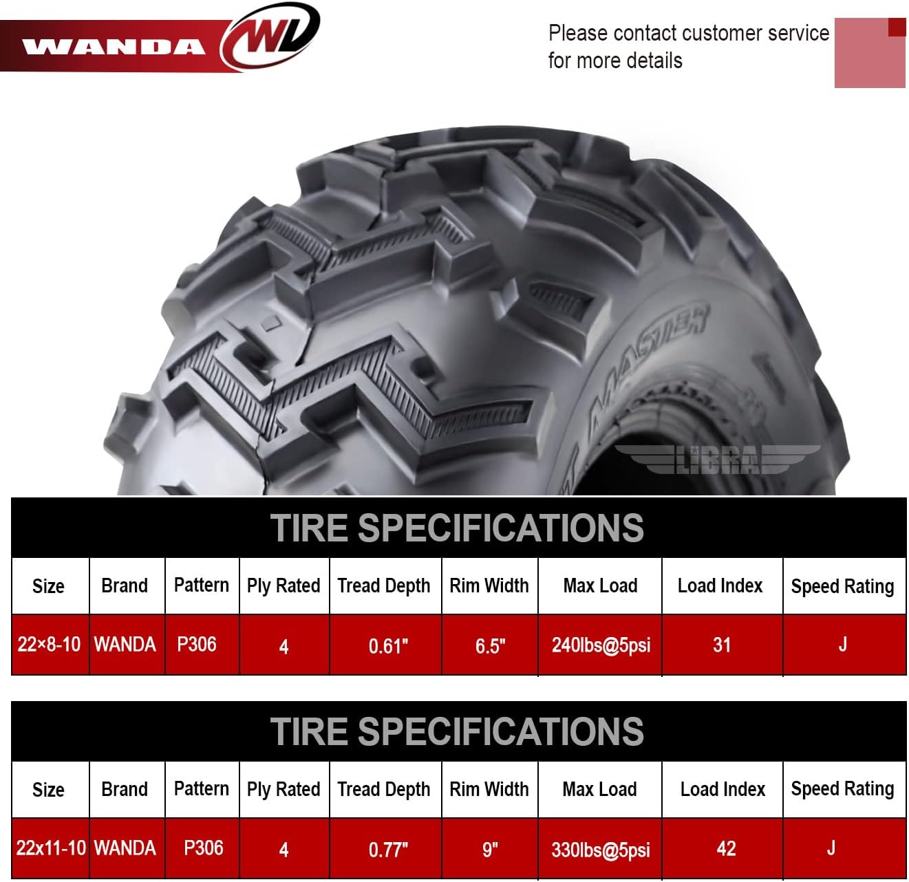 WANDA Set of 4 ATV UTV Tires 22x8-10 Front & 22x11-10 Rear 4PR