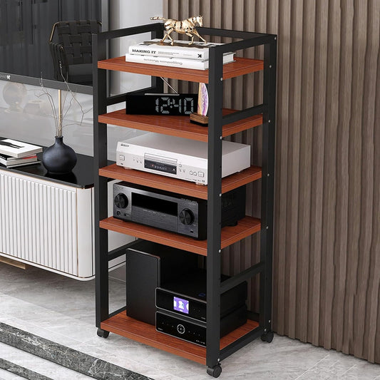 5-Tier Movable Audio/Video Media Stand Center CD Player Stand Stereo Component Storage Cabinet Audio Tower with Height Adjustable Wooden Shelf for Home/Office/Theater,A