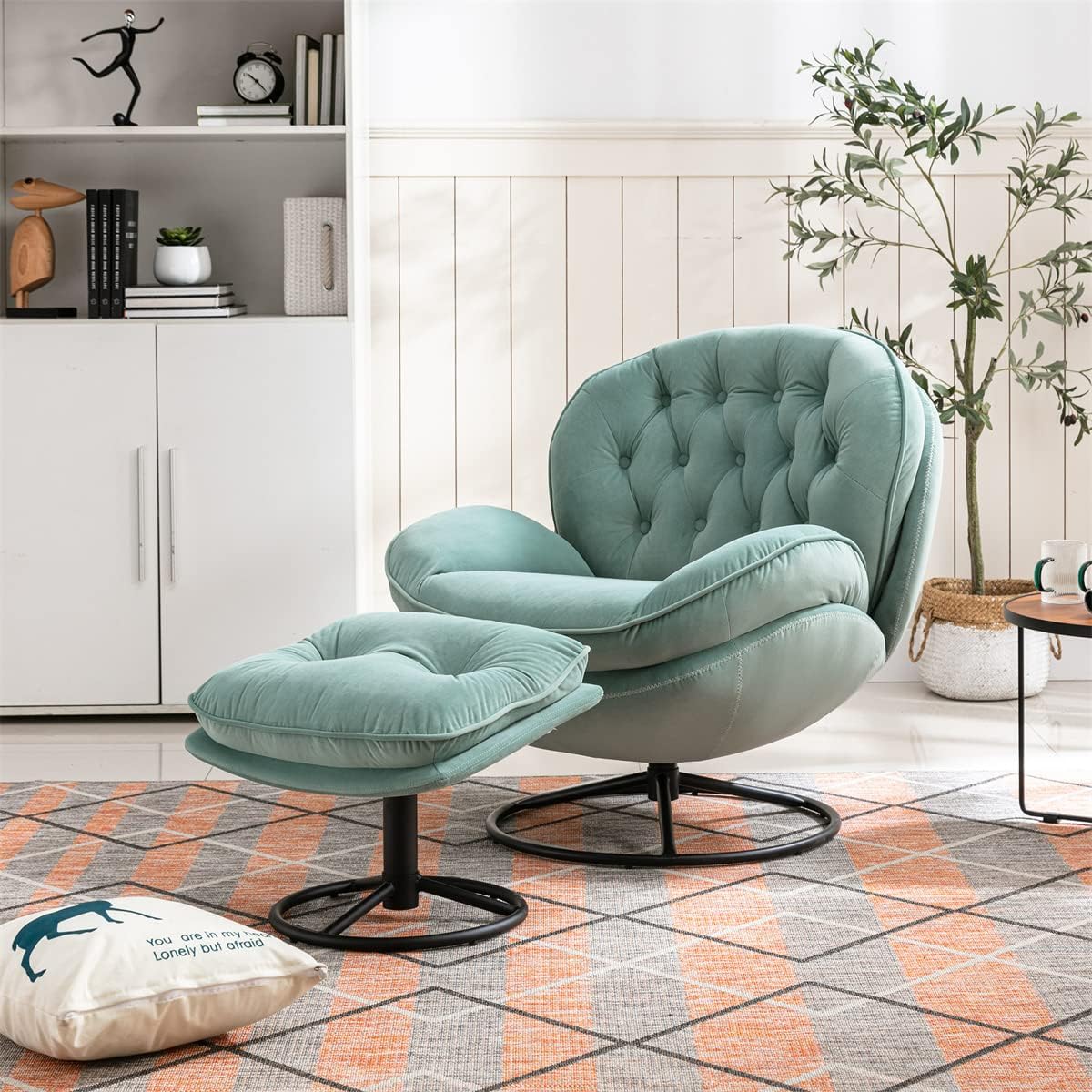 TRIPLE TREE Modern Swivel Accent Chair, Mid-Century Lounge Chair and Ottoman Set, Velvet Upholstered Button Tufted Recliner Chair, Reading Chair with Footrest for Living Room Indoor Bedroom, Black