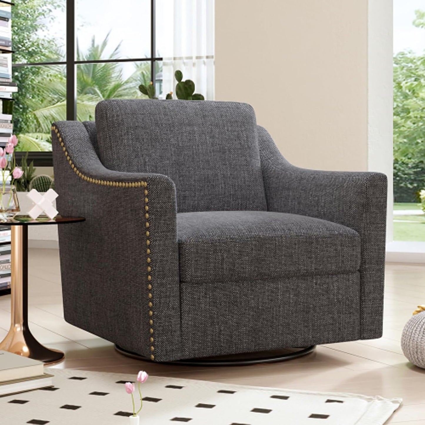 360 Degree Swivel Armchair Brass Nail Decorative Armchair Living Room Chairs Bedroom Chairs Living Room Chairs Suitable for Indoor Homes (Cotton Linen-Foam,BlackGray)