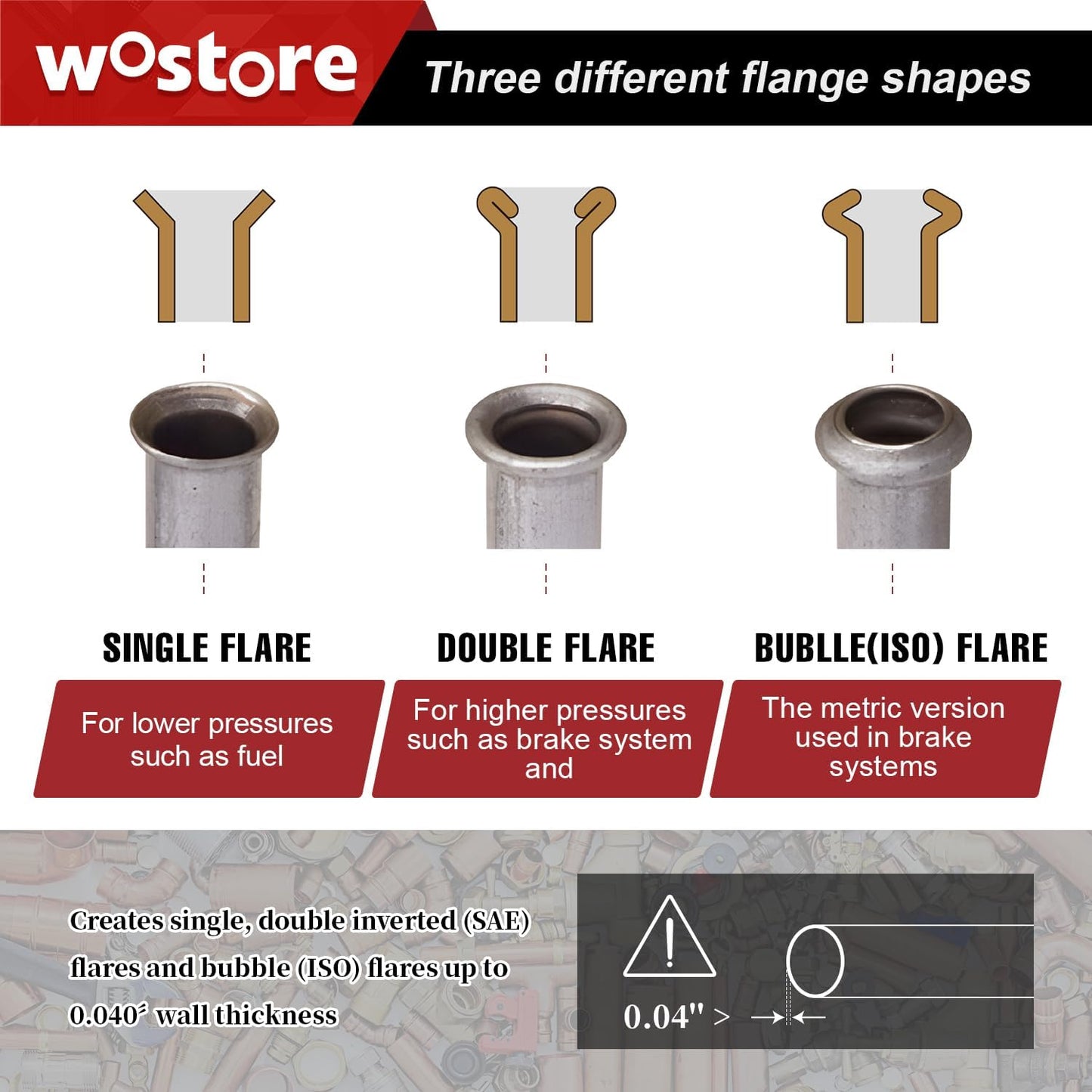 Wostore Professional Brake Line Flare Kit for Single, Double (SAE) Flares & Bubble (ISO) Flares with Tubing Cutter Pipe Reamer for 3/16-5/8" 7 Sizes
