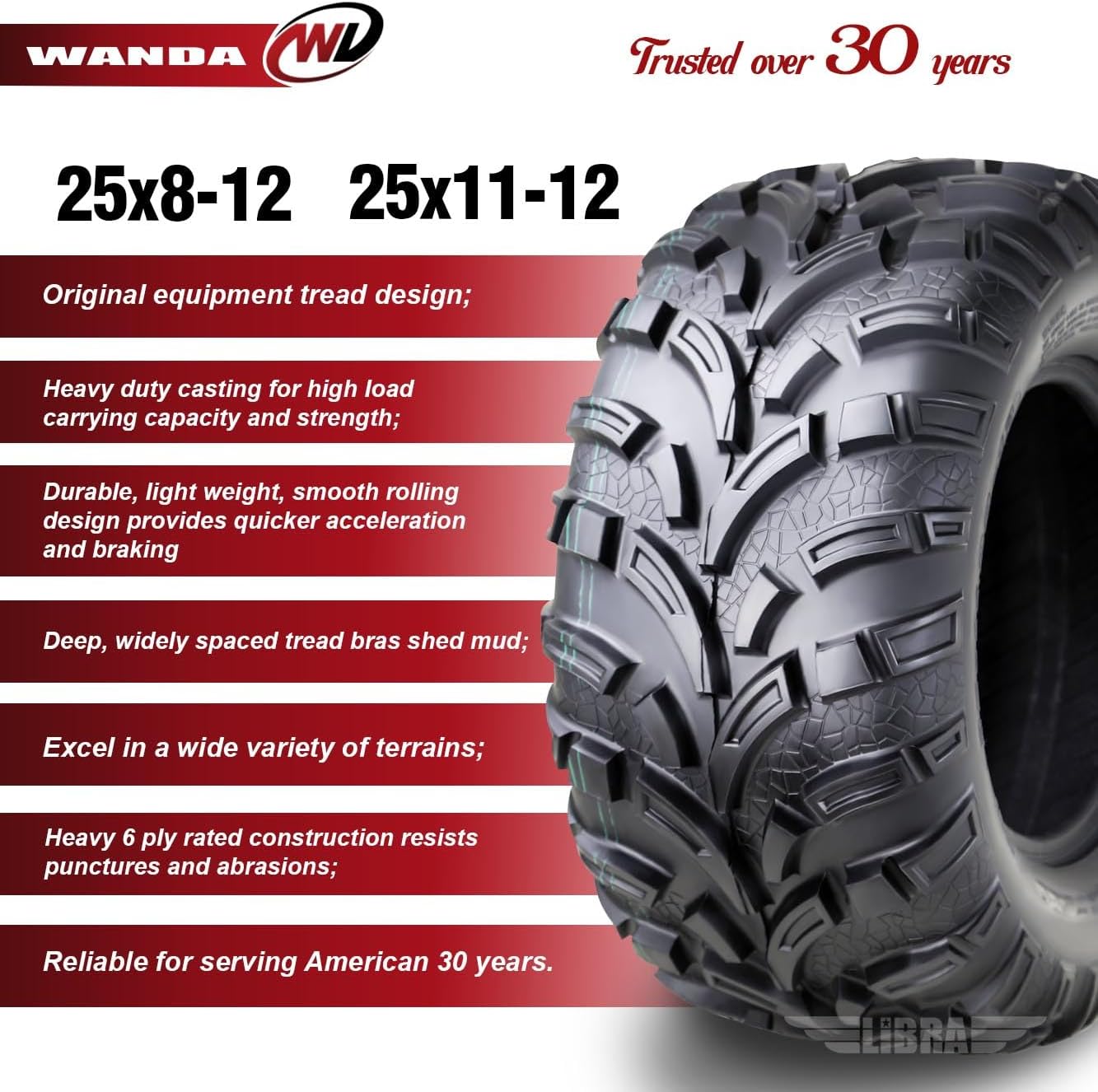 WANDA Set of 4 ATV tires 25x8-12 & 25x11-12 for 10-14 Polaris Ranger 400