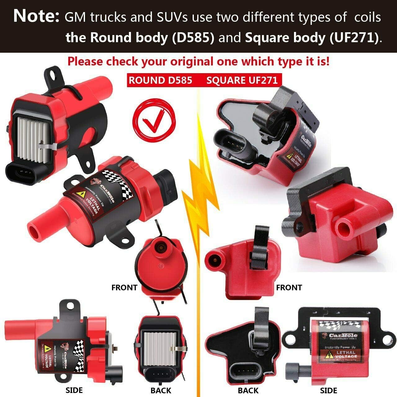 CarBole Round D585 UF262 Ignition Coils and 748UU 8mm Spark Plug Wires Set, Fit For Chevy Silverado LS1 LS3 4.8 5.3L Chevrolet GMC 4.8L 5.3 5.7 6.0, Pack of 8pcs (Round Coils)