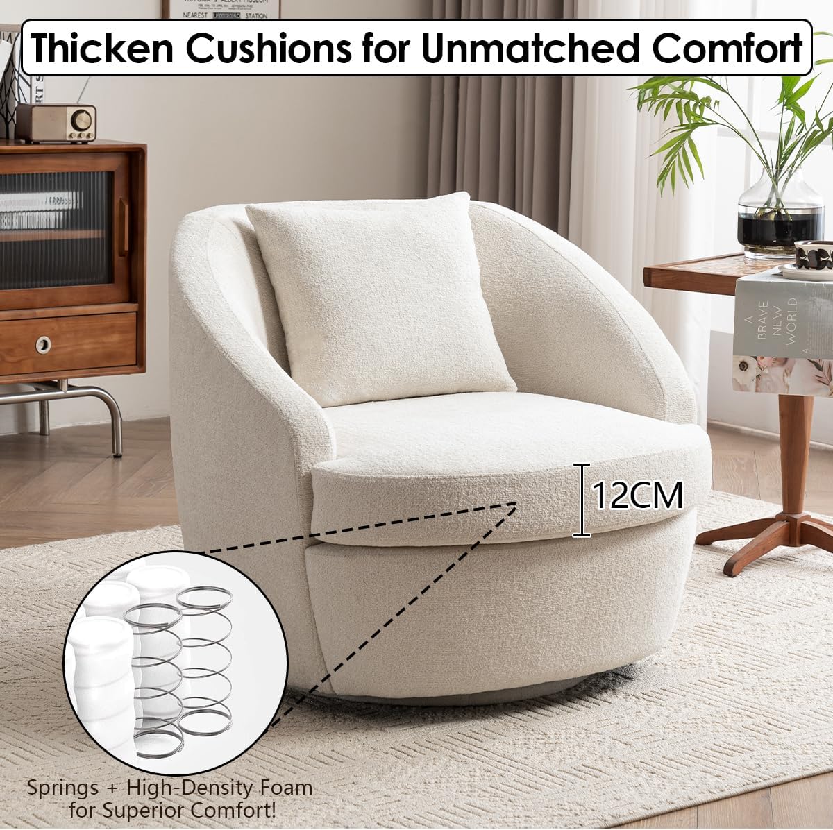 Rowill 360° Swivel Accent Chair, Modern Upholstered Boucle Fabric Single Armchair with Back Pillow, 33” Wide Cozy Round Barrel Living Room Chair for Bedroom, Reading Nook, Club Nursery, White