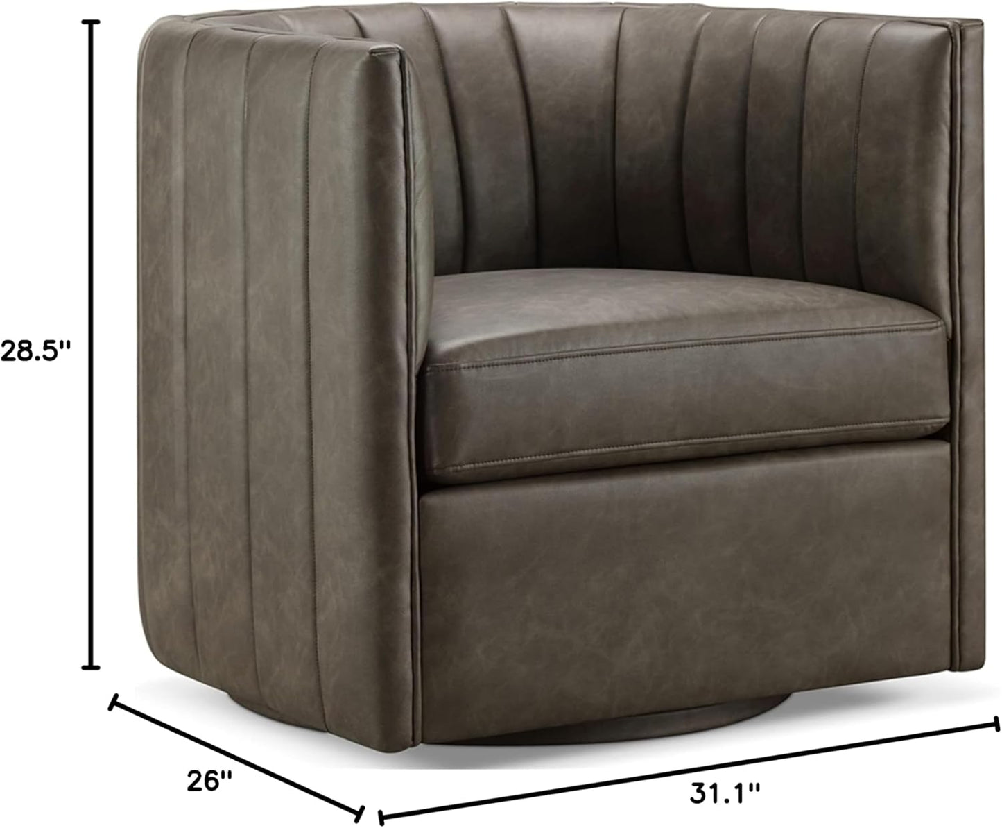 CHERS Rivet Mid-Century Modern Swivel Armchair, Channel-Tufted Faux Leather Accent Chair, 360-Degree Rotating Lounge Chair with Ergonomic Design for Living Room, Bedroom, Home Theater, Pewter