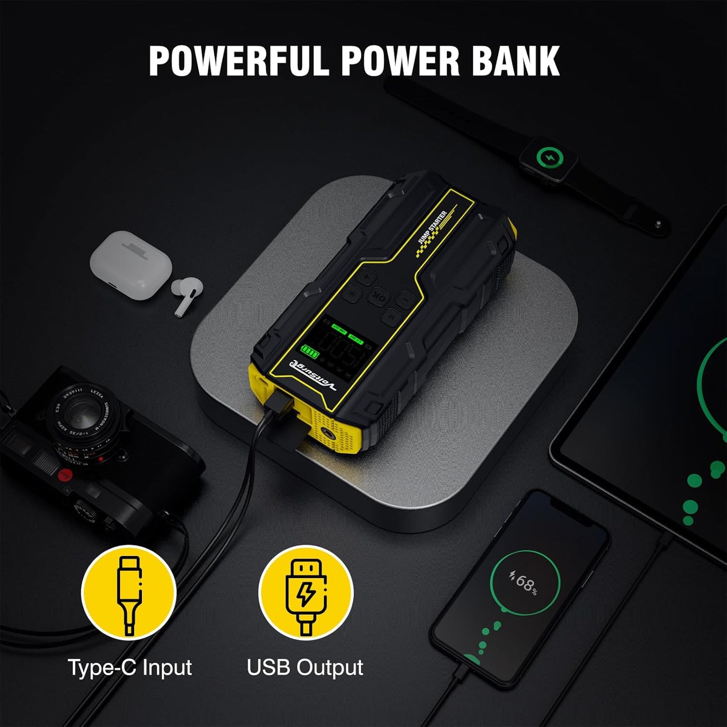 Car Jump Starter with Air Compressor, VoltSurge 6000A Peak 12V Battery Jumper Starter Portable Booster Pack, 150PSI Safe Jump Box with LED Light(Up to 10L Gas/8L Diesel Engine)