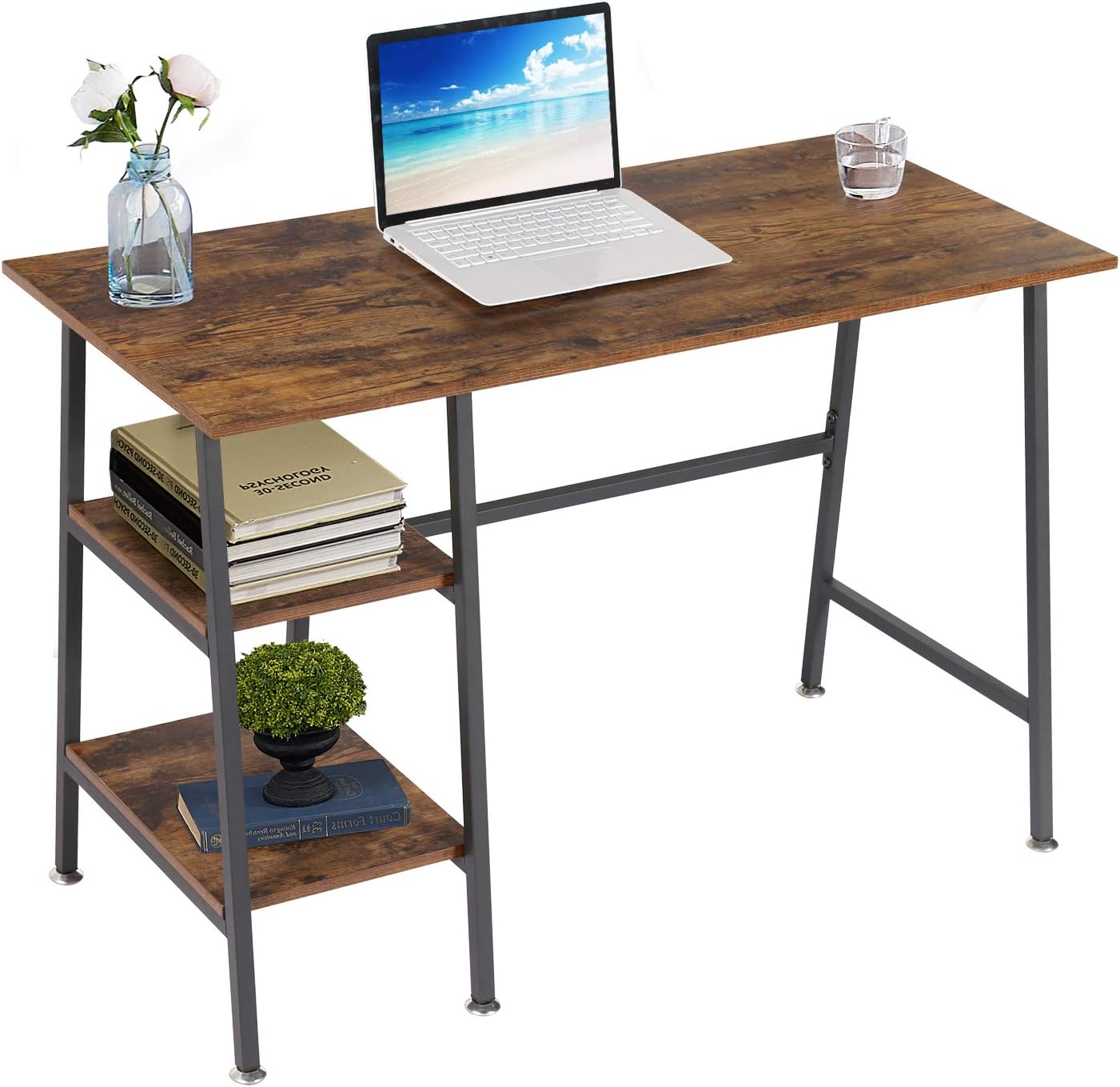 VECELO 43.1 Inch Computer Desk Home Office Black Study Desk Work Office Table with Shelves Wooden Desk for Bedroom