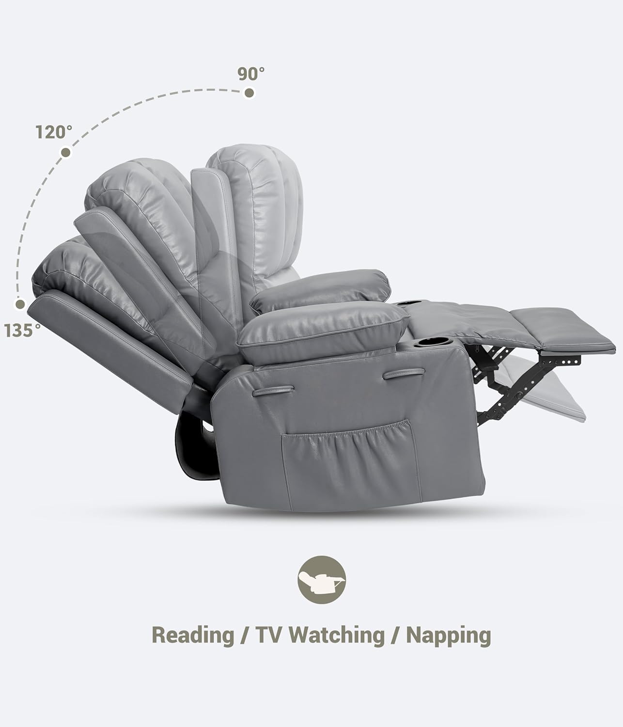 22'' Manual Recliner Chair for Adults, PU Leather Recliner with Cup Holders and Side Pockets, Ergonomic Design for Nursery, Living Room, Bedroom, and Home Theater, Grey
