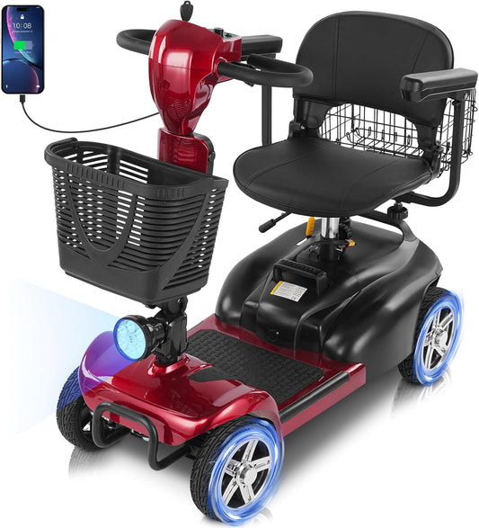 15/30 Miles 4 Wheels Mobility Scooter for Adults&Seniors Up to 300LBS, 350W Electric Powered Wheelchair Device w/Extended Battery, Dual Baskets, Rotating Seat, USB Charging