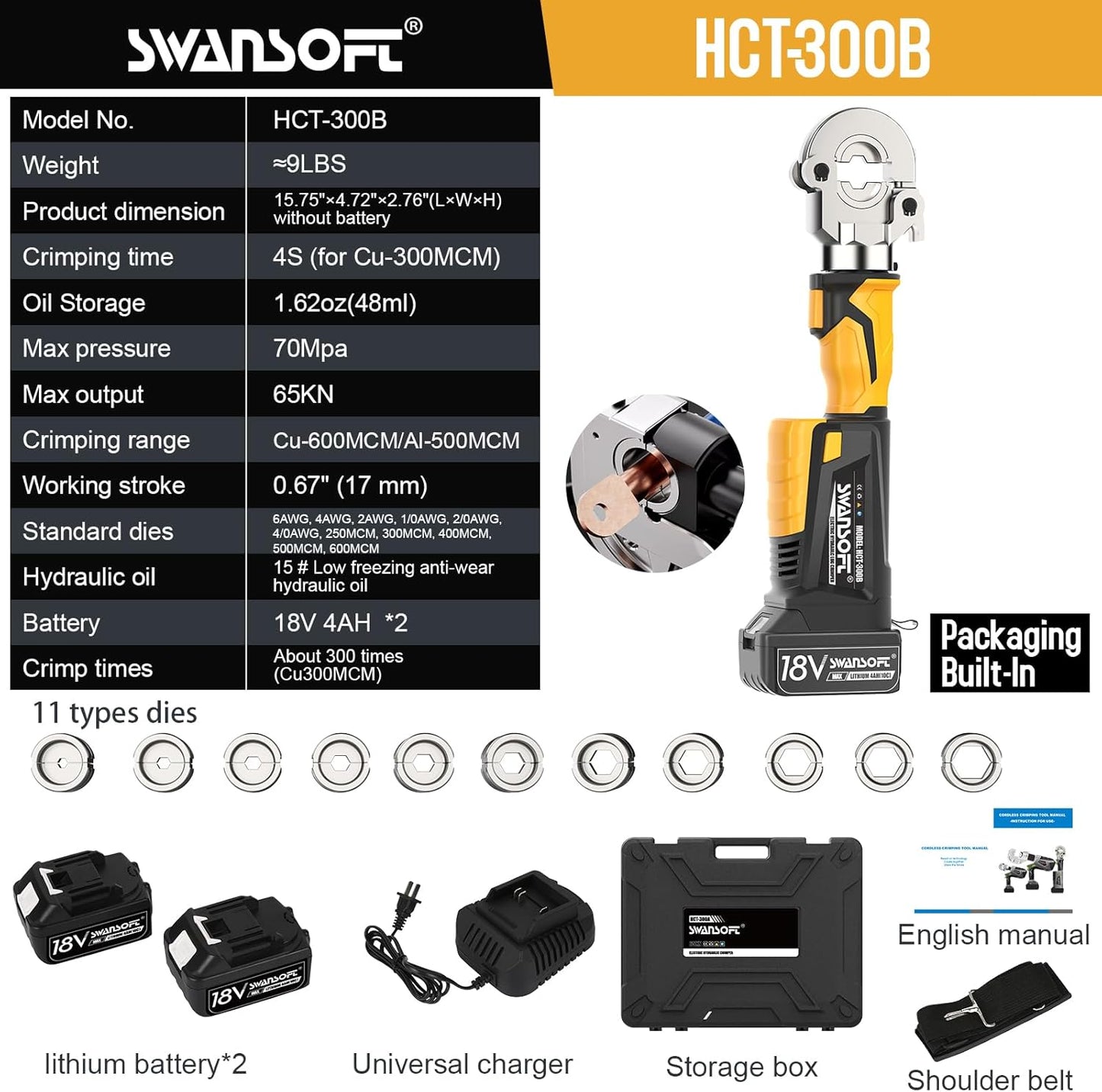SWANSOFT Electric Hydraulic Crimping Tool,6Ton 6AWG-600MCM Rechargeable Hydraulic Crimper for Cu/Al Terminal, Crimp 20000 Times Wire Cable Lug Crimping Tool Kit (300B-Yellow)