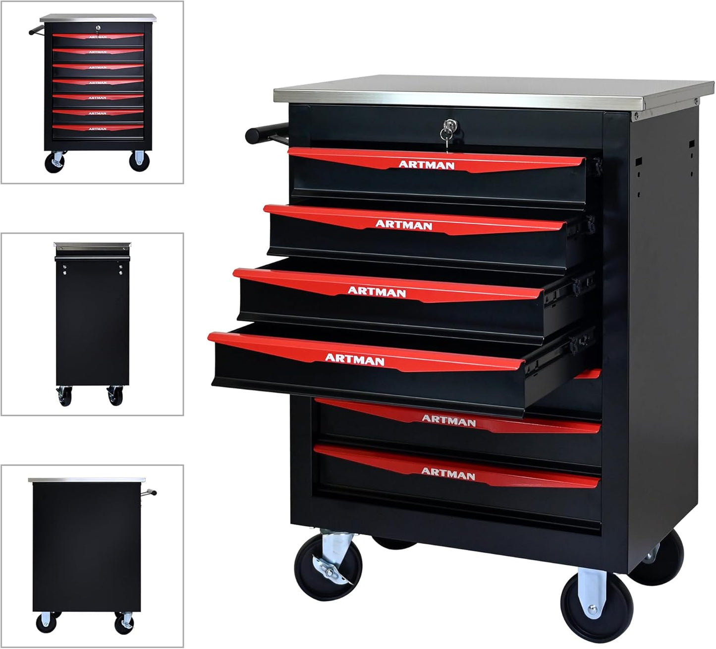 RYH 4/5/6/7 Drawer Heavy-Duty Rolling Tool Cart with Wheels & Lockable Drawers, Mobile Tool Chest with Stainless Steel Worktop, Ball-Bearing Slides for Garage,Tool Storage (Black, 7-Drawers)