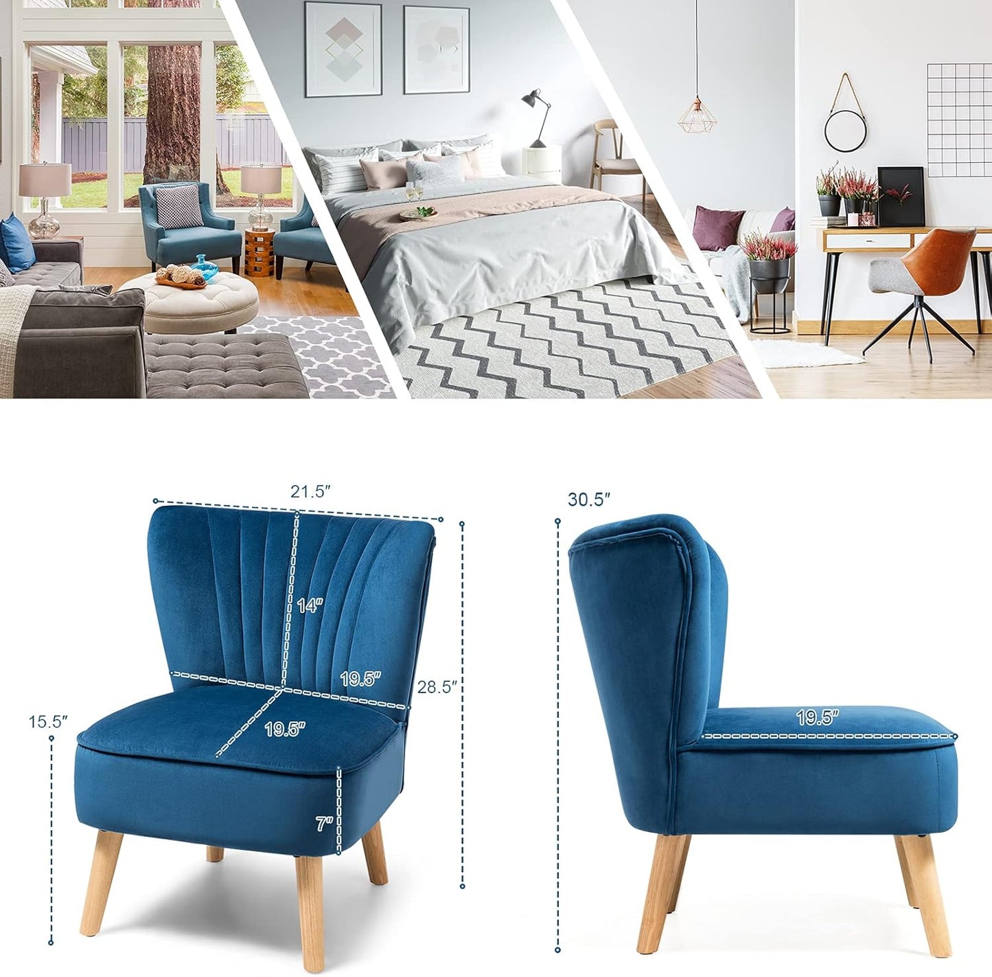 S AFSTAR Armless Accent Chair, Velvet Modern Chair with Rubber Wood Legs and Thick Sponge Seat, Upholstered Leisure Wingback Sofa Chair for Living Room for Bedroom Living Room (2, Blue)