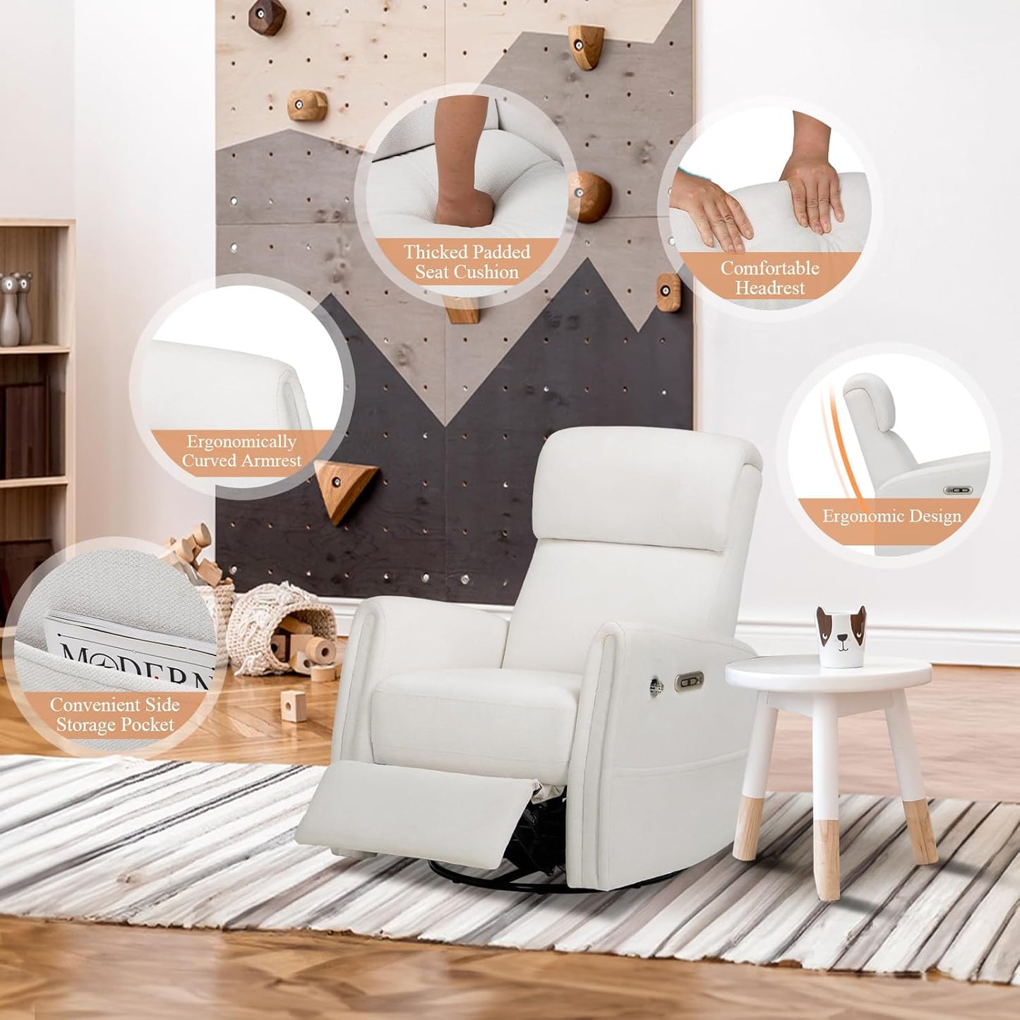 COLAMY Power Recliner Chairs Swivel Glider Rocker for Nursery, Upholstered Fabric Living Room Rocking Reclining Single Sofa Chair with 2 Device Holders, White, Set of 2