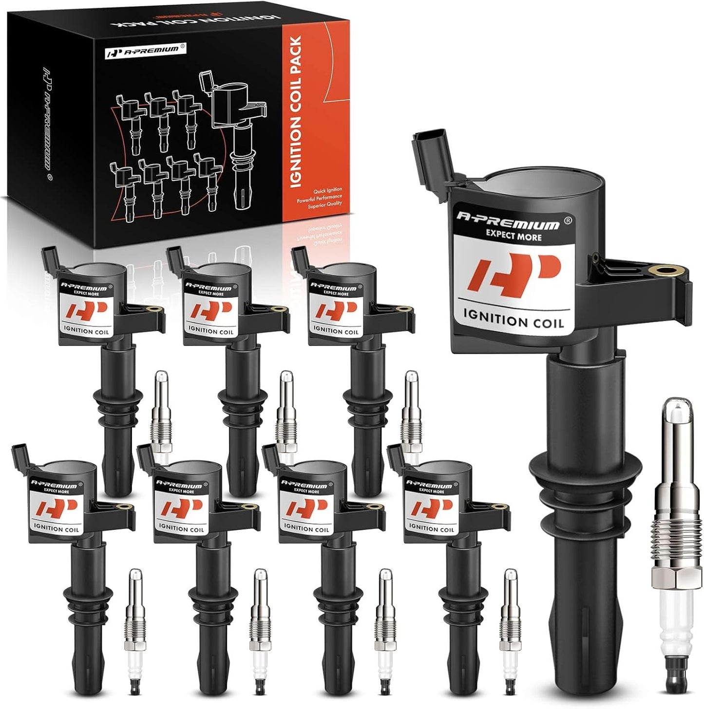 A-Premium (Red) Set of 16 Ignition Coil Pack and Iridium Spark Plugs Compatible with Ford F-150 2004-2008, Expedition 2005-2008, F-250 Super Duty & Lincoln Mark LT, Navigator V8 5.4L, Replace# FD508