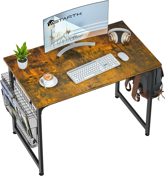 ASTARTH Study Computer Desk-47 Inch Home Office Desk, Wood Storage Table, Modern Writing Style Laptop Table, Black Metal Frame, PC Table with Storage Basket and Headphone Hooks, Rustic Brown, Vintage