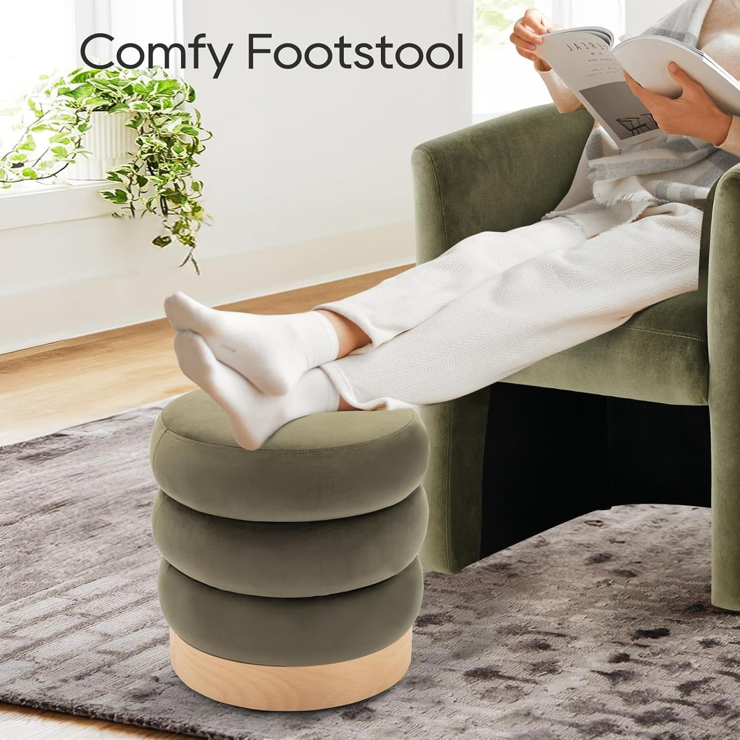 COLAMY Velvet Ottoman Footstool, Tufted Modern Foot Rest Stool with Wood Base for Living Room, Bedroom, Desk, Round Versatile Side End Table, Pouf, Makeup Seat,2pcs,Green
