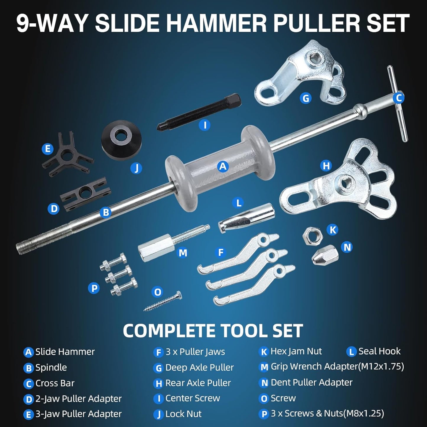 8MILELAKE 9 Way Slide Hammer Puller Axle Front Rear Wheel Bearing Dent Hub Gear Puller Remover Set