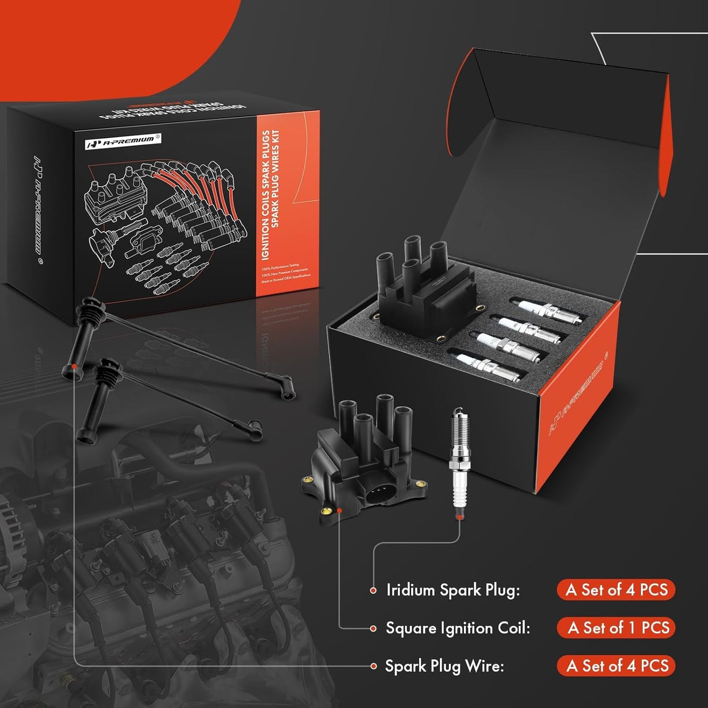 A-Premium 1 Ignition Coils with 4 Wire and 4 Iridium Spark Plugs Compatible with Ford Escape 2001-2004, Focus 2000-2004, Contour 1999-2000 & Mazda Tribute 2001-2004 & Mercury Mystique 1999-2000, 2.0L