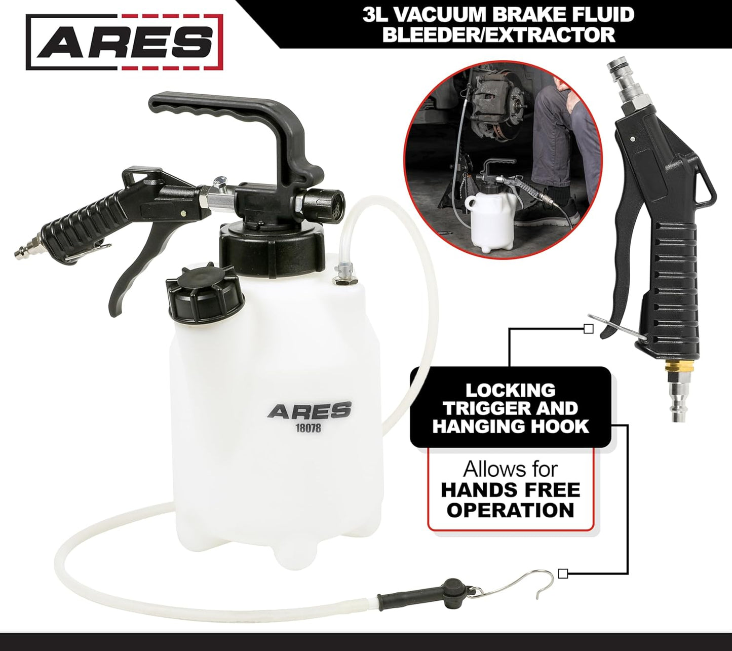ARES 18078 – 3-Liter Vacuum Brake Fluid Bleeder – 3L Fluid Extractor Connects to Standard Shop Air Supply – Manual Trigger Locks for Hands-Free Use – Bleeds from Caliper Without Need for Adapters