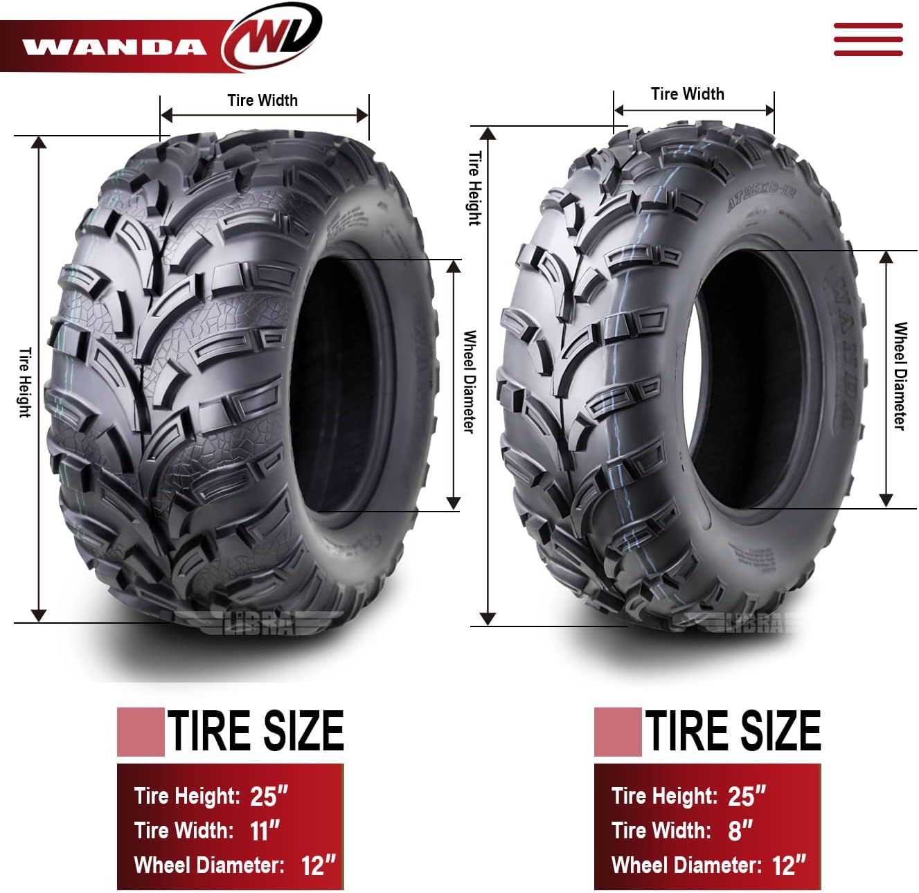 WANDA Set of 4 ATV tires 25x8-12 & 25x11-12 for 10-14 Polaris Ranger 400