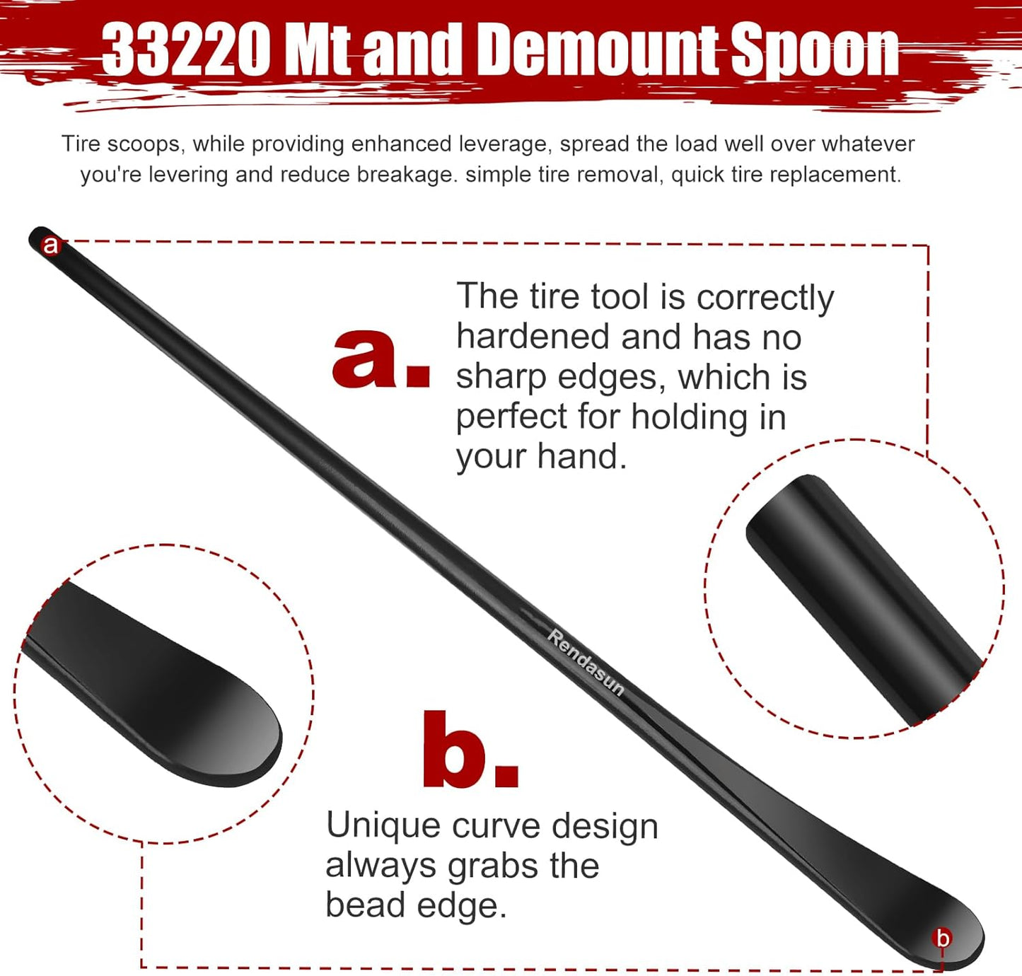 2 PCS Tire Bar, Tire Spoon, 33220 Mt and Demount Spoon, Tire Iron for Fast and Efficient Tire Removal and Installation, 30 in, 11/16 in