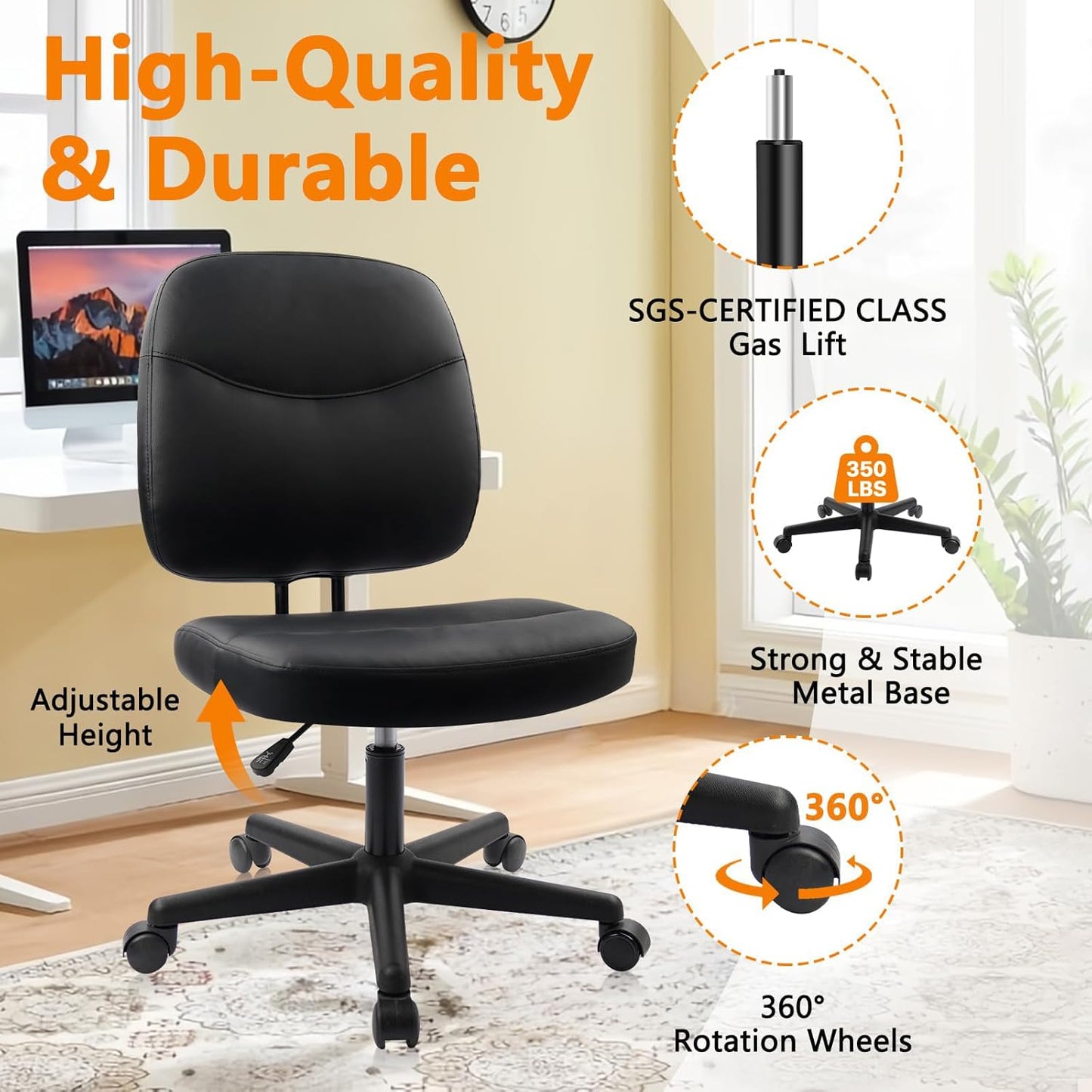 CLATINA Armless Home Office Chair,Small PU Leather Ergonomic Low Back Desk Chair with Lumbar Support and Wheels, Adjustable Height 360° Swivel Rolling Computer Task Chair, Black, 8 Pack