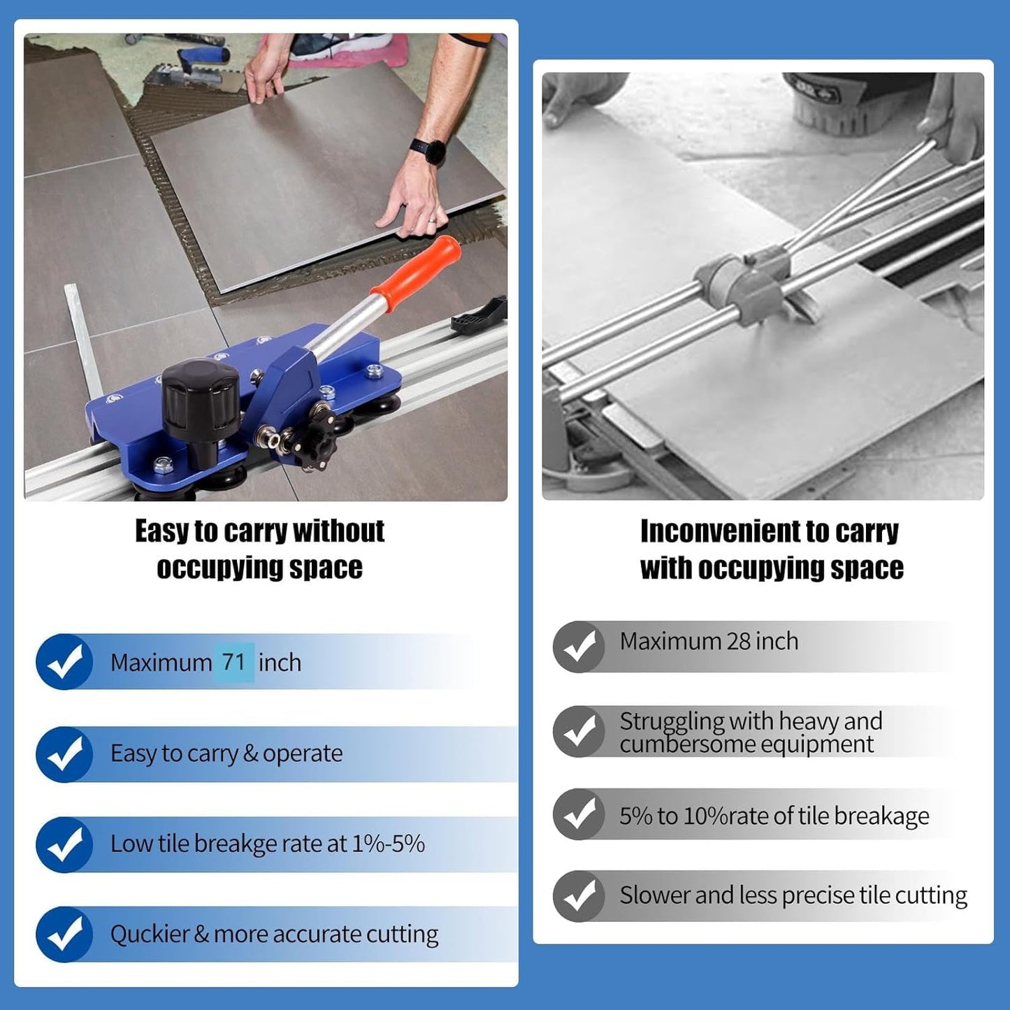110" Professional Large Format Manual Tile Cutter with Built-in Suction Cups & Tile Pliers, 3 Push Knives – Cuts Porcelain, Ceramic & Stone Tiles up to 4.7" Thick (Blue)