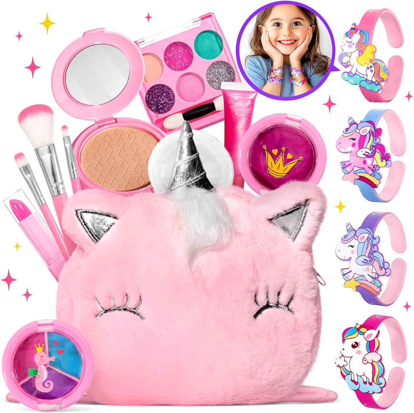 ULOVEME Kids Real Makeup Kit for Girls with Fluffy Purse - Real, Non Toxic, Washable Make Up Toy - Umicorn Toys Gift for 3 4 5 6 7 8 Years Old Girls Birthday (Pink Umicorn)