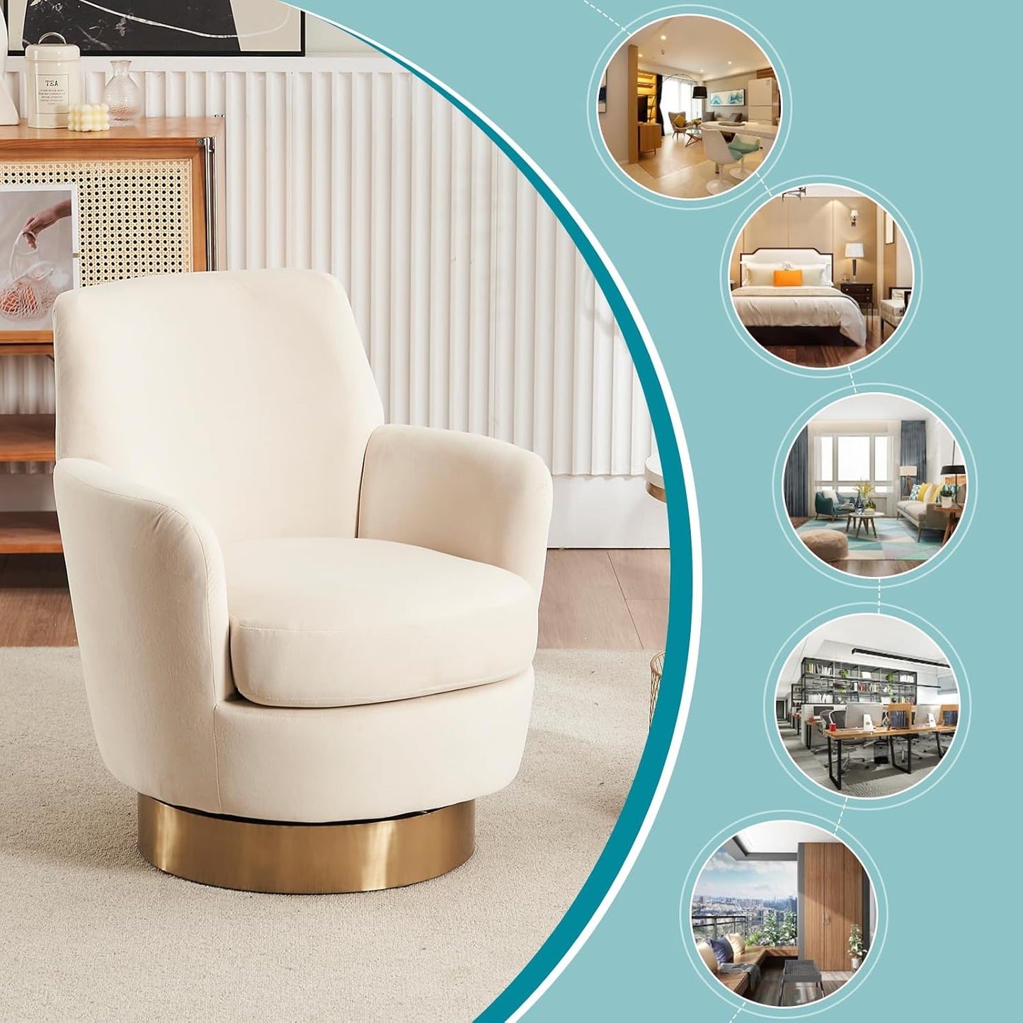 360° Swivel Barrel Chair Set of 2, 28.3" W Comfy Velvet Swivel Accent Chairs, Modern Round Single Accent Chair with Gold Metal Base for Living Room, Bedroom, Office (Beige*2)