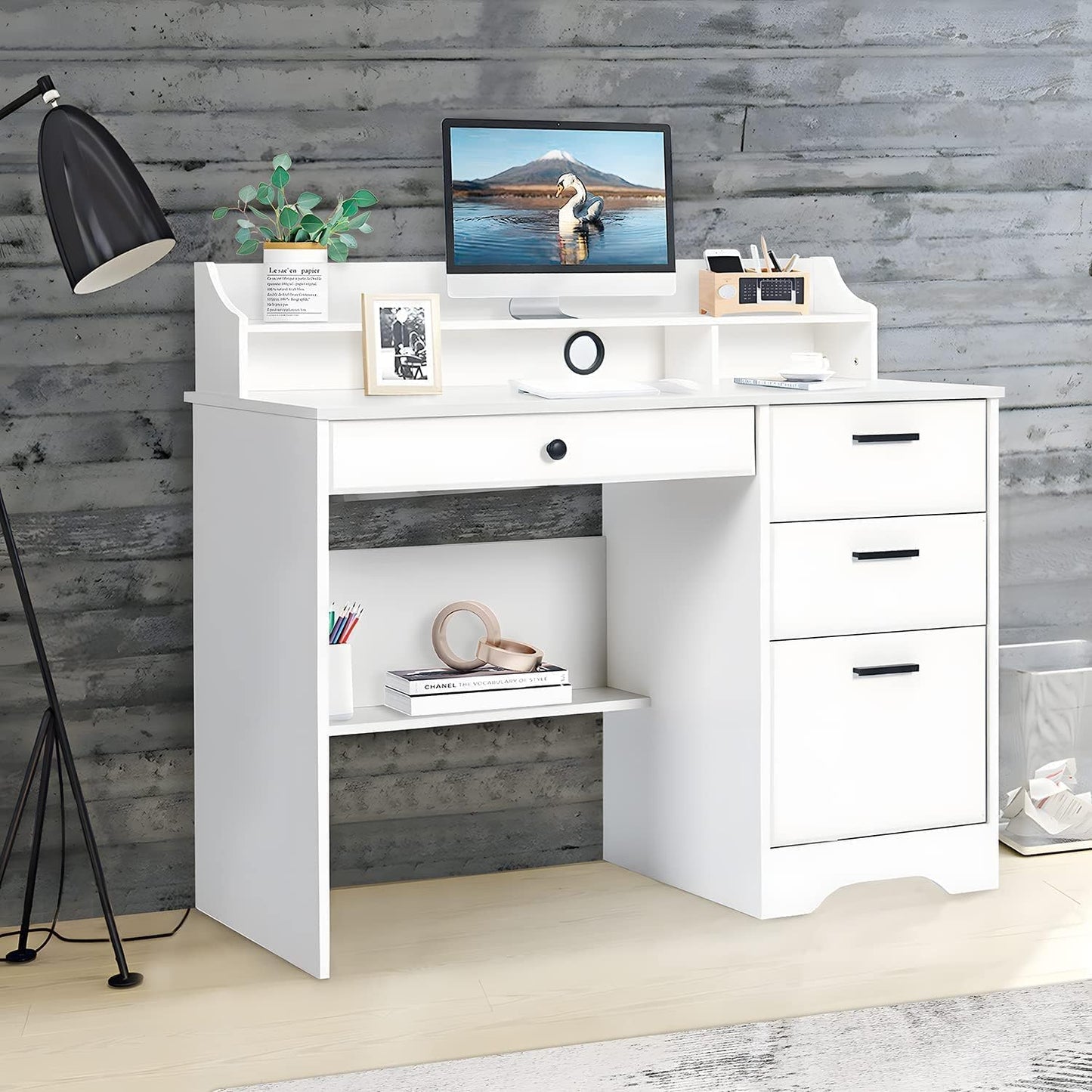 White Desk with Drawers and Storage, Home Office Desk Computer Desk with 4 Drawers & Hutch, Home Desk Small White Desk with Drawers for Bedroom, Home Office, White